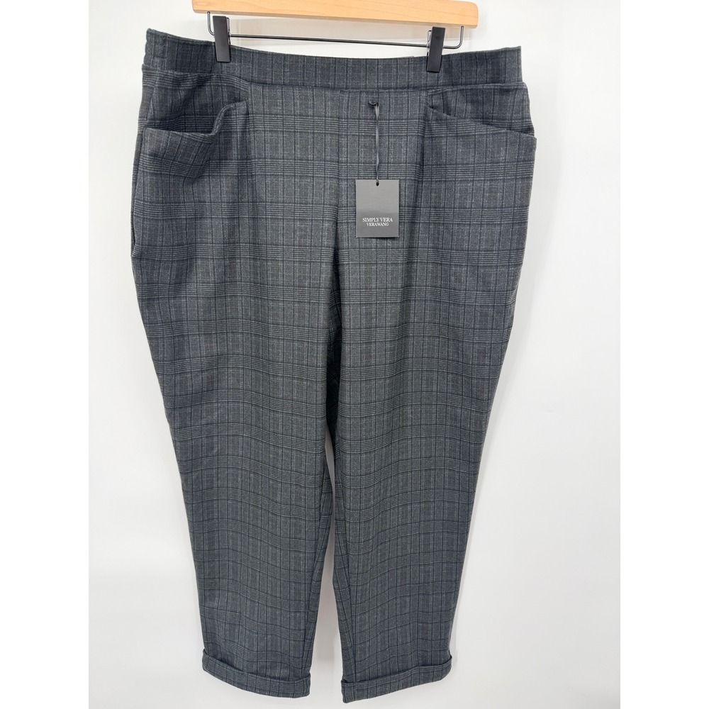 Simply Vera Vera Wang Pants Women XXL Charcoal New Plaid Cuffed Pull On Trousers